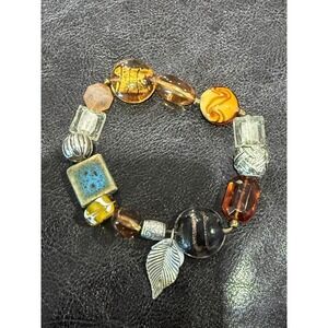 Beaded Stretch Bracelet Amber Brown‎ Orange Glass Leaf Charm Boho Statement